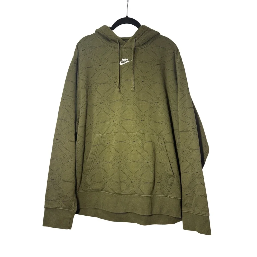 Nike Sportswear Club Fleece Hoodie Olive Green All Over Print Mens XL